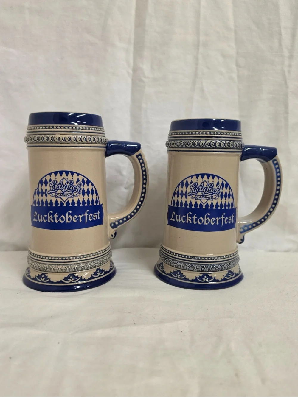 Lady Luck Casino Lucktoberfest Beer Steins Set of 2 Ceramic Blue Cream Large